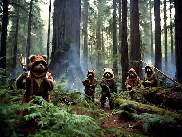 un gruppo di persone in costume sono in una foresta