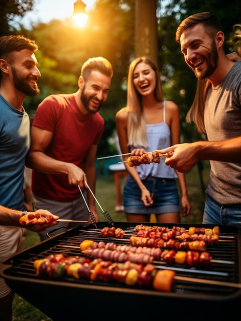 un gruppo di persone in piedi attorno a un barbecue