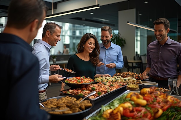 Un gruppo di persone in piedi attorno a un tavolo a buffet