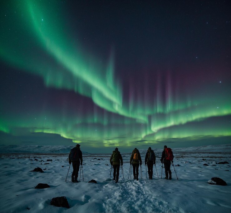 un gruppo di persone in piedi davanti a un'aurora verde