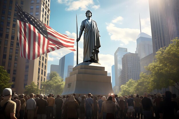 un gruppo di persone in piedi davanti a una statua di Colombo