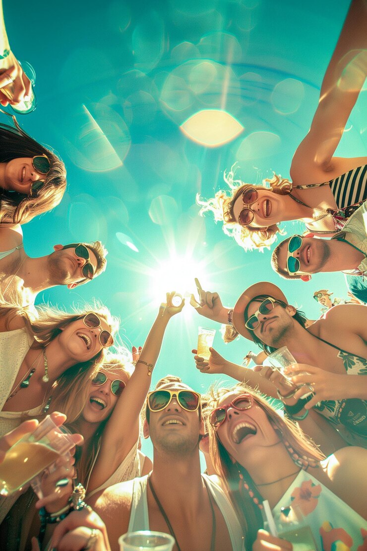 Foto un gruppo di persone in piedi in un cerchio con il sole che splende su di loro