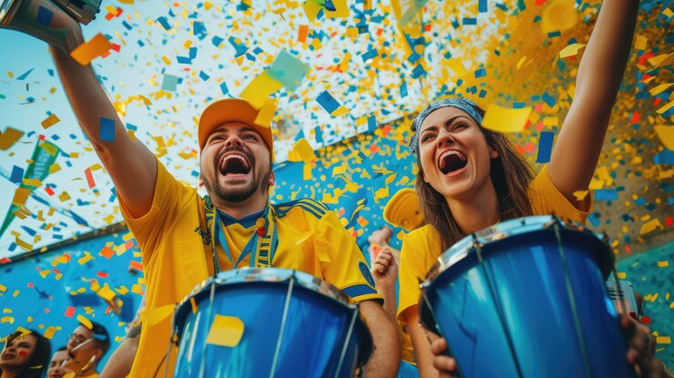 Foto un gruppo di persone in piedi in uno stadio con tamburi e confetti aig41