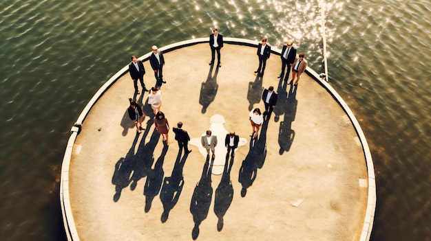 Un gruppo di persone in piedi su un molo con il sole che splende su di loro