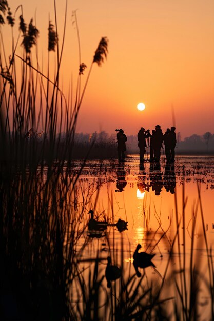 un gruppo di persone in piedi sulla cima di un lago al tramonto