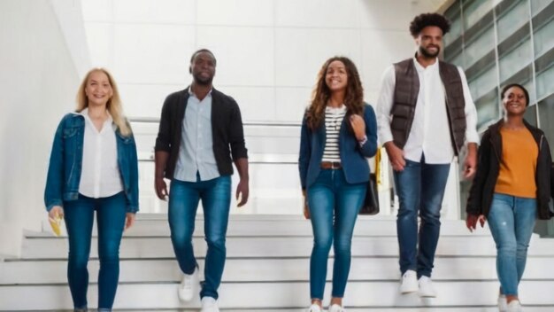 un gruppo di persone in piedi sulle scale di un edificio con un uomo che indossa una giacca e jeans