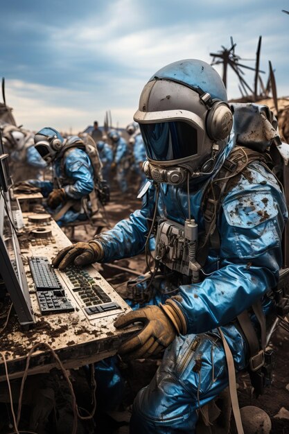 un gruppo di persone in tuta blu e caschi che lavorano su un computer