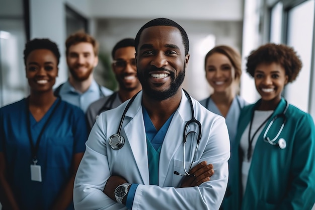 Un gruppo di persone in un ospedale con un dottore in camice bianco.