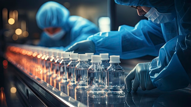 un gruppo di persone in uniforme blu lavora in un laboratorio con bottiglie di liquido.