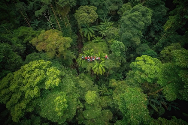 Un gruppo di persone nel mezzo di una foresta Generative Ai