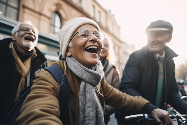 Un gruppo di persone per strada ride e ride