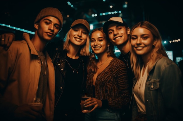 Un gruppo di persone posa per una foto in una stanza buia.