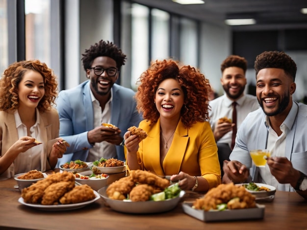 un gruppo di persone sedute a un tavolo con cibo e bevande