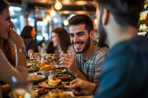 un gruppo di persone sedute a un tavolo con piatti di cibo