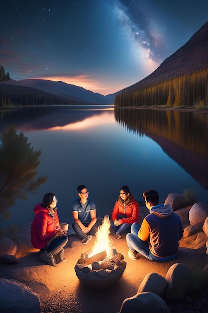 Un gruppo di persone sedute attorno a un fuoco di campo di notte.