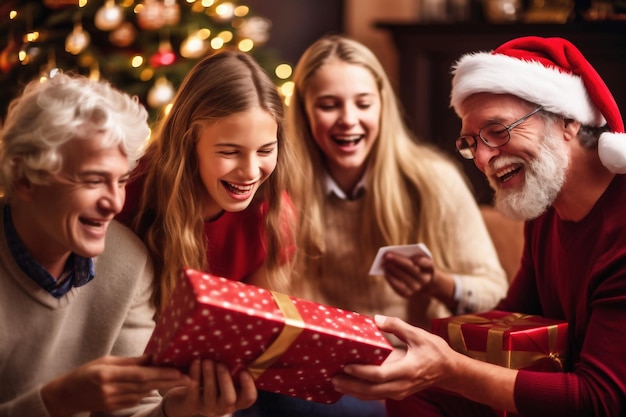 Un gruppo di persone sedute attorno a un regalo di Natale