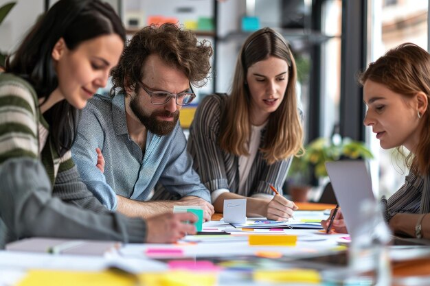 Un gruppo di persone sedute attorno a un tavolo che lavorano a un progetto