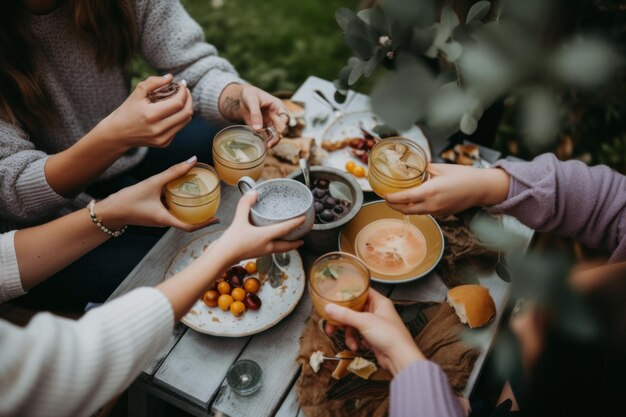 Un gruppo di persone sedute attorno a un tavolo con bevande Immagine di intelligenza artificiale generativa