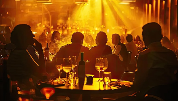 Un gruppo di persone sedute attorno a un tavolo con bicchieri di vino