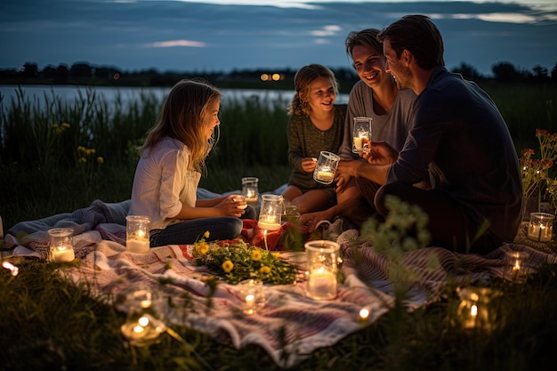 Un gruppo di persone sedute attorno a un tavolo con candele