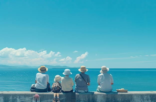un gruppo di persone seduto su una parete guardando l'oceano