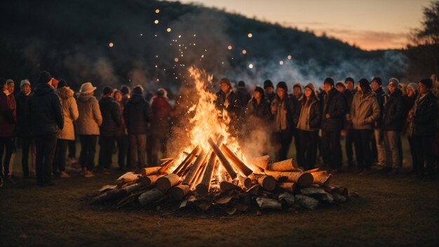 un gruppo di persone si riunisce attorno a un falò con un fuoco di campo sullo sfondo.