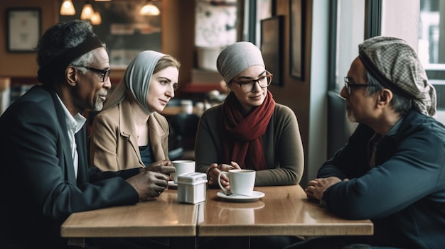 Un gruppo di persone si siede a un tavolo in un bar, uno di loro ha una tazza di caffè bianca.