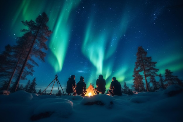 Un gruppo di persone si siede attorno a un falò con l'aurora boreale sopra di loro.