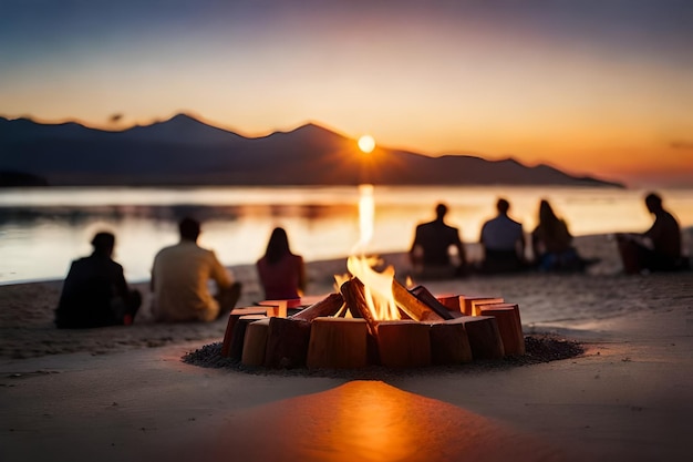 Un gruppo di persone si siede attorno a un fuoco di campo al tramonto.