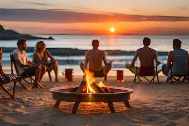 Un gruppo di persone si siede attorno al fuoco su una spiaggia e guarda il tramonto.