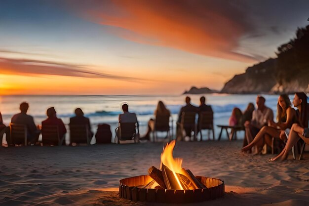 Un gruppo di persone si siede intorno a un falò al tramonto.