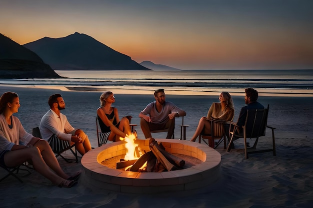 Un gruppo di persone si siede intorno a un fuoco sulla spiaggia al tramonto.