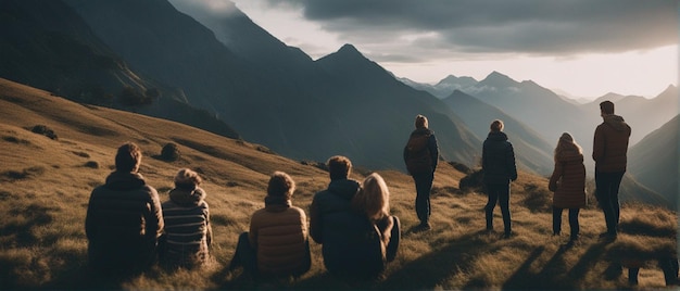 un gruppo di persone si siede sulla cima di una montagna