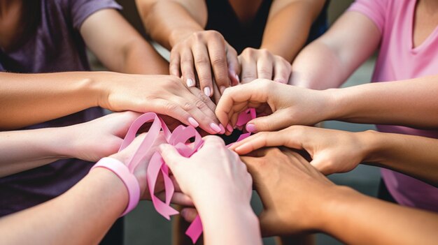 Un gruppo di persone si tiene per mano con un nastro rosa intorno a loro.