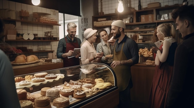 Un gruppo di persone si trova davanti a un bancone di una panetteria con un cartello che dice "panetteria"