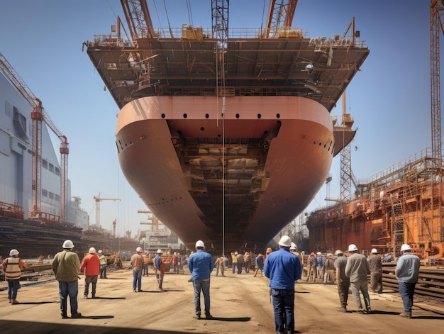 un gruppo di persone si trova di fronte a una grande nave.