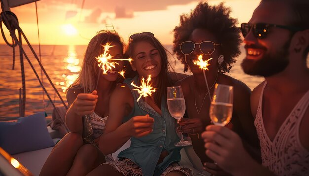 Un gruppo di persone sono su una barca a godersi una serata fuori con lo champagne