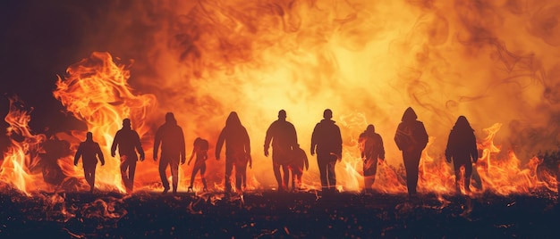 Un gruppo di persone sta camminando attraverso un fuoco da un'immagine generata da AI