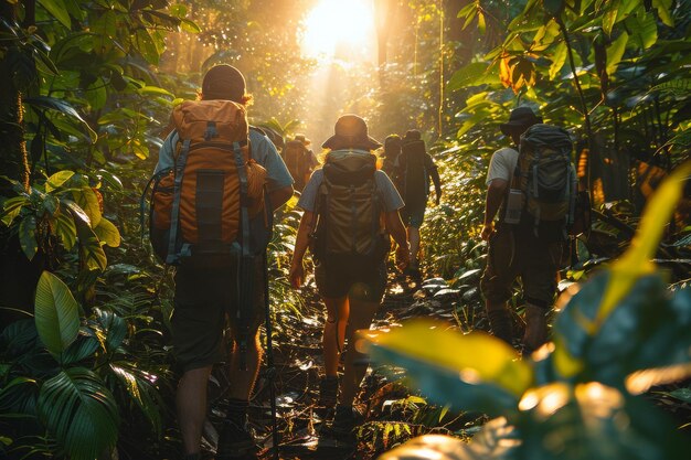 Un gruppo di persone sta camminando attraverso una foresta