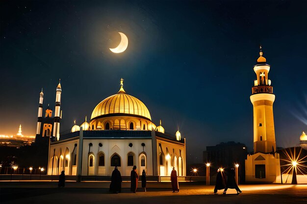 Un gruppo di persone sta camminando davanti a una moschea con una luna nel cielo.