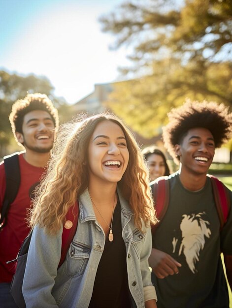 un gruppo di persone sta camminando e sorridendo.