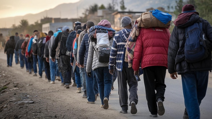 Foto un gruppo di persone sta camminando lungo una strada con una borsa sulla schiena