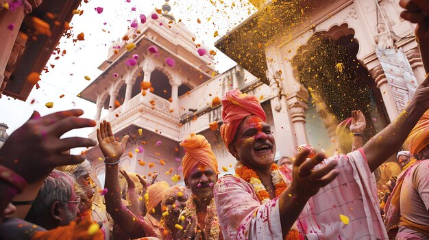 Un gruppo di persone sta celebrando la festa indù di Holi, si lanciano polvere colorata l'un l'altro e ballano.