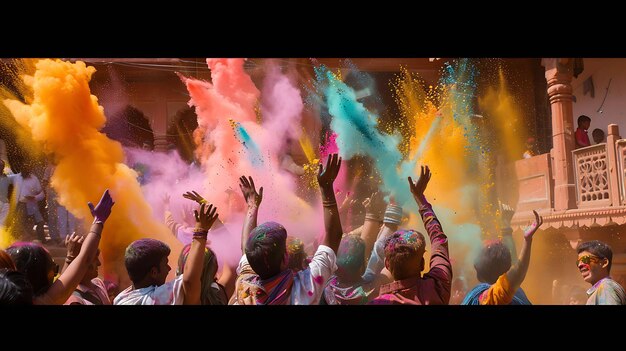 Un gruppo di persone sta celebrando la festa indù di Holi, si stanno lanciando polvere colorata l'un l'altro e si stanno divertendo molto.