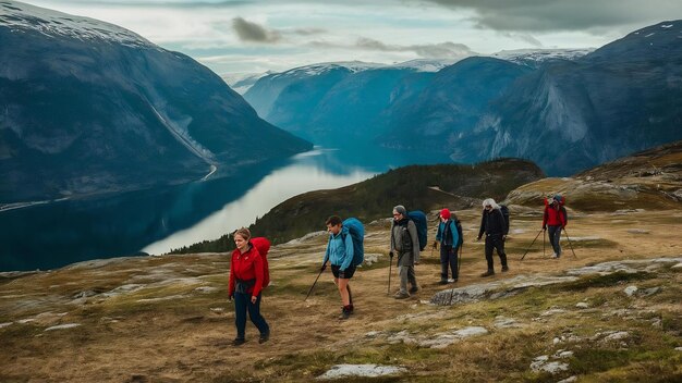 Un gruppo di persone sta facendo un'escursione nelle montagne norvegesi