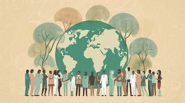 un gruppo di persone sta intorno a un mondo con alberi e una mappa del mondo verde.
