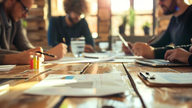 Un gruppo di persone sta lavorando insieme in un ufficio stanno guardando i documenti e discutendo qualcosa c'è un portatile sul tavolo