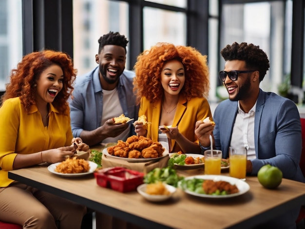 un gruppo di persone sta mangiando cibo e sorridendo alla telecamera