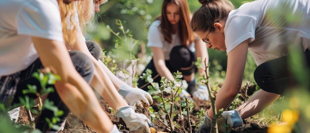 Un gruppo di persone sta piantando alberi in un parco dall'immagine generata da ai