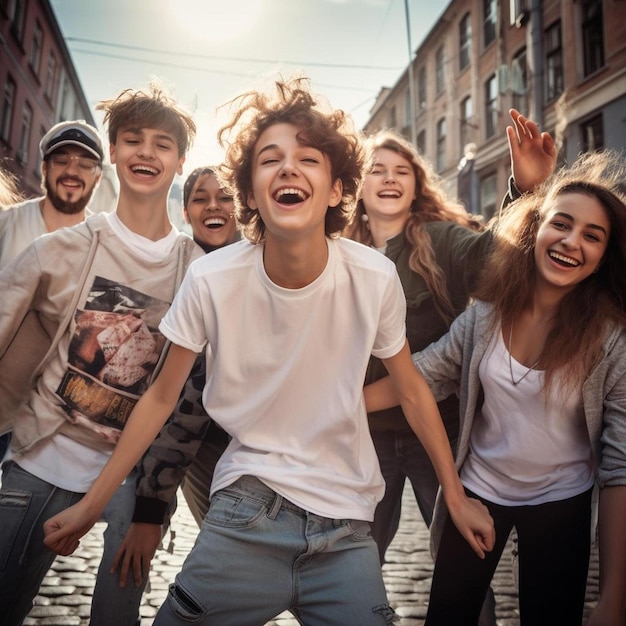 Un gruppo di persone sta posando per una foto con uno di loro che indossa una camicia bianca che dice che c'è su di essa.